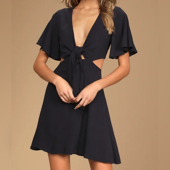 Lulus Women's Perfect Day for Love Navy Blue Cutout Tie-Front Mini Dress, Size S - Picture 1 of 11